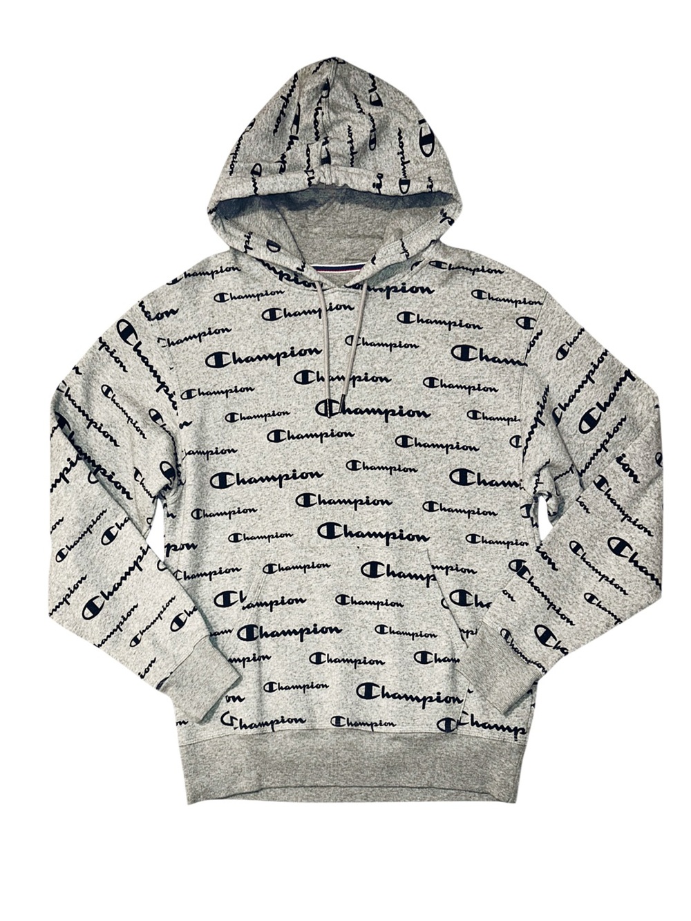 CHAMPION Men's Grey With Logo Script All Over Long Sleeve Hoodie Size Medium